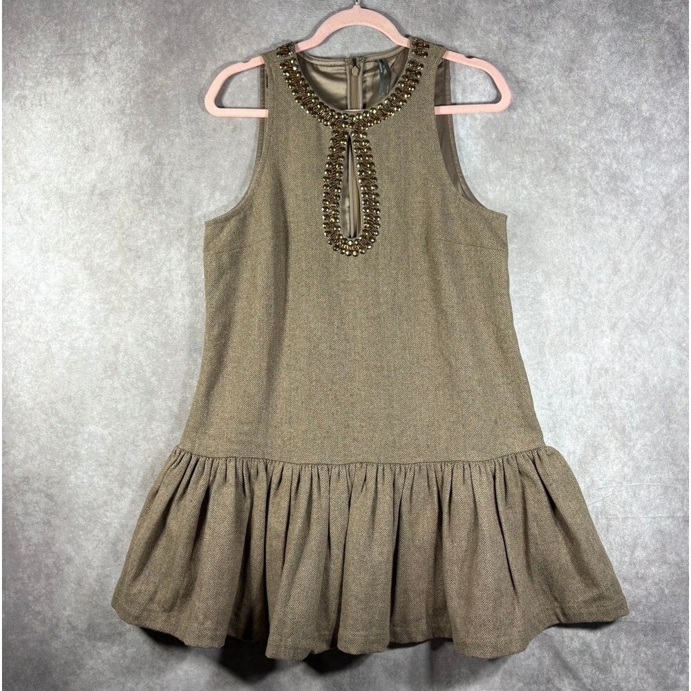 Anthropologie Dress Women M Brown Herringbone‎ Beaded Drop Waist Wool Blend Boho